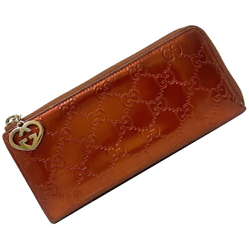 Gucci L Zip Long Wallet Brown GG Patent Vernis Patent Heart Crocodile